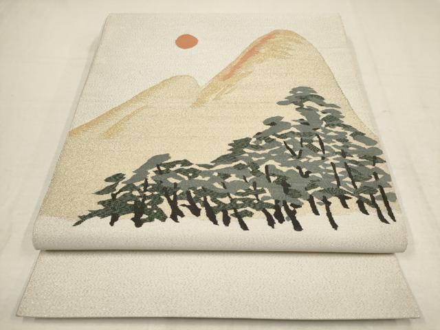 平和屋着物●本加賀友禅作家　木村雨山　爪掻き本綴れ　太鼓柄袋帯　遠山風景文　金糸　銀通し地　正絹　逸品　AAAT1256wj