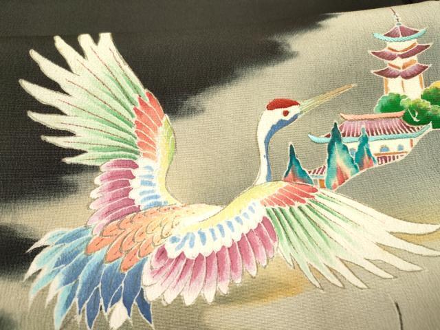 平和屋着物■豪華黒留袖　刺繍　飛鶴風景笹梅松文　暈し染め　金彩　正絹　逸品　DAAS9492ma_画像5