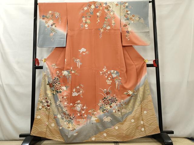 平和屋着物▼訪問着　駒刺繍　扇面花筏文　暈し染め　金彩　正絹　逸品　AAAZ2692cs_画像1