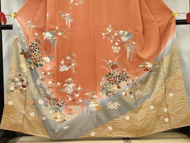 平和屋着物▼訪問着　駒刺繍　扇面花筏文　暈し染め　金彩　正絹　逸品　AAAZ2692cs_画像3