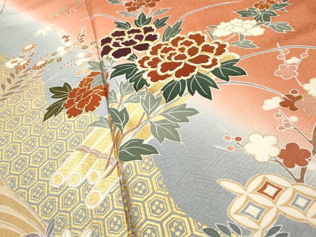 平和屋着物▼訪問着　駒刺繍　扇面花筏文　暈し染め　金彩　正絹　逸品　AAAZ2692cs_画像4