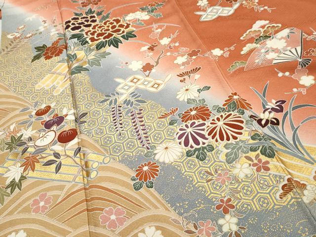 平和屋着物▼訪問着　駒刺繍　扇面花筏文　暈し染め　金彩　正絹　逸品　AAAZ2692cs_画像5