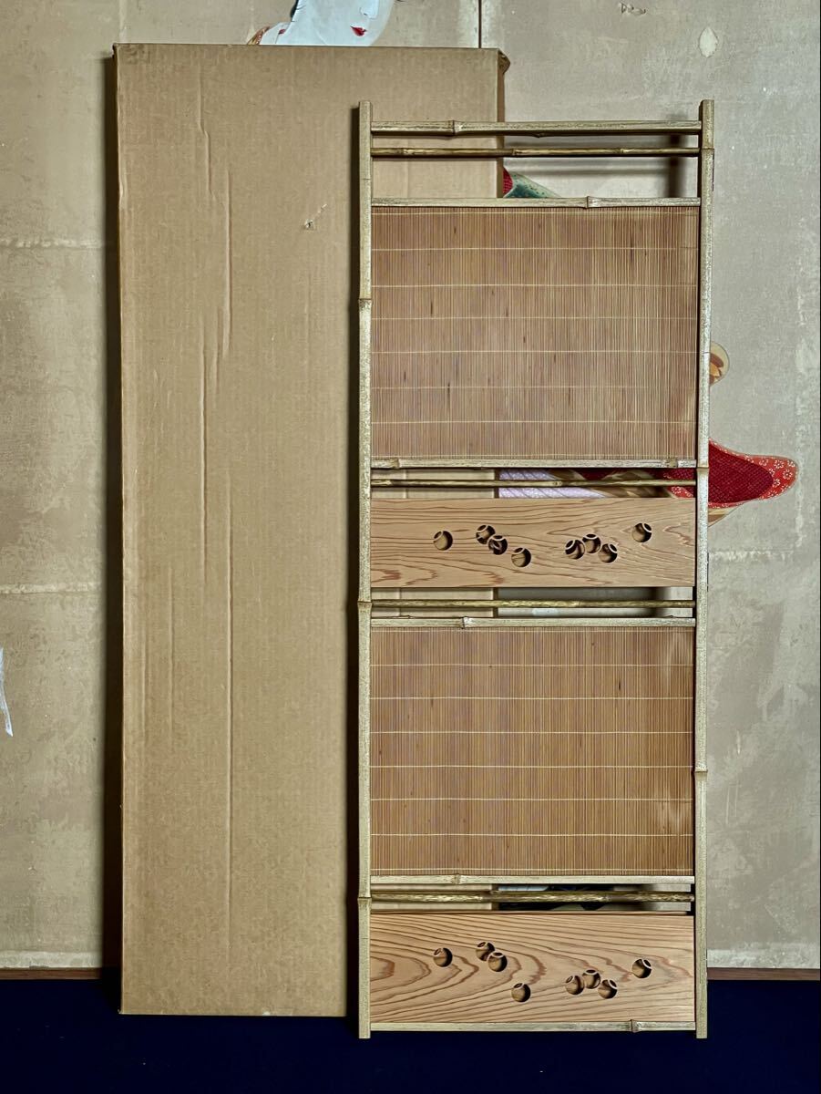 美品】「母」 屏風 葦 杉板 胡麻竹 つぼつぼ 2枚折 屏風 茶道具 (