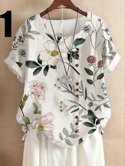 大人気新品 サイズ選択可 夏 ブラウス 大きいサイズ 綿麻 カジュアル プリント柄 半袖 トップス チュニック ゆったり 