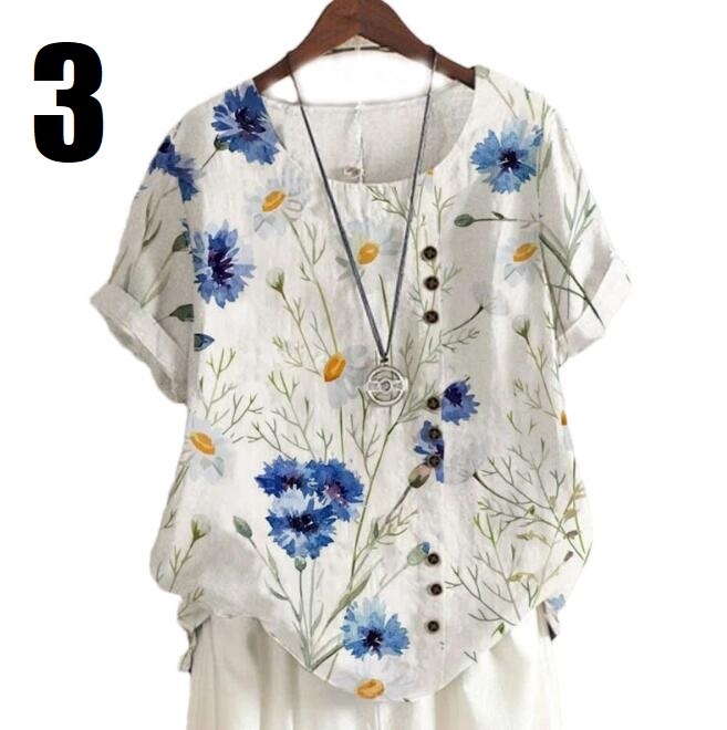 大人気新品 サイズ選択可 夏 ブラウス 大きいサイズ 綿麻 カジュアル プリント柄 半袖 トップス チュニック ゆったり 