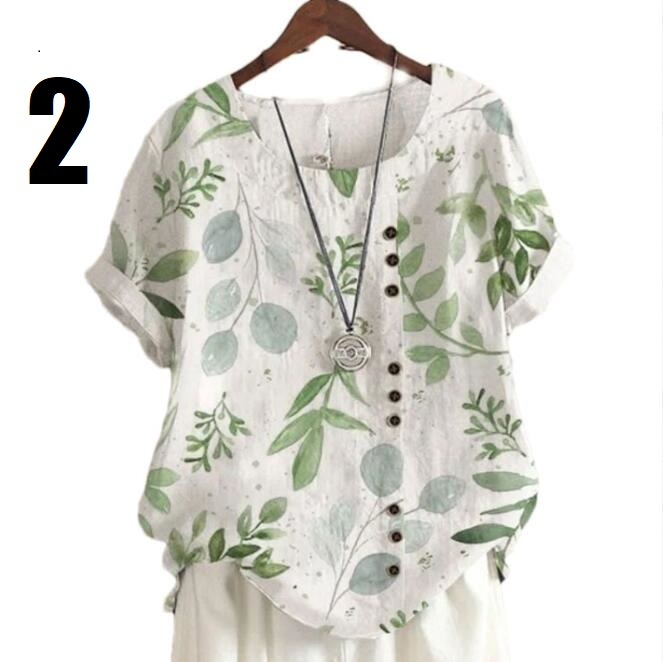 大人気新品 サイズ選択可 夏 ブラウス 大きいサイズ 綿麻 カジュアル プリント柄 半袖 トップス チュニック ゆったり 