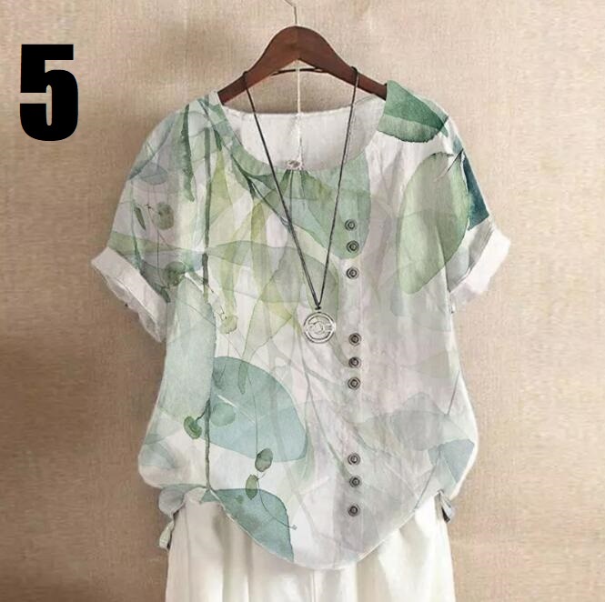 大人気新品 サイズ選択可 夏 ブラウス 大きいサイズ 綿麻 カジュアル プリント柄 半袖 トップス チュニック ゆったり 
