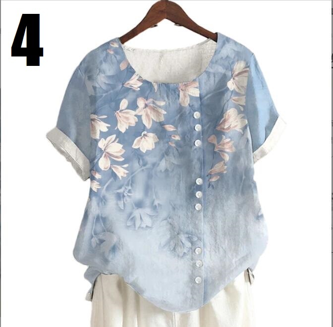 大人気新品 サイズ選択可 夏 ブラウス 大きいサイズ 綿麻 カジュアル プリント柄 半袖 トップス チュニック ゆったり 