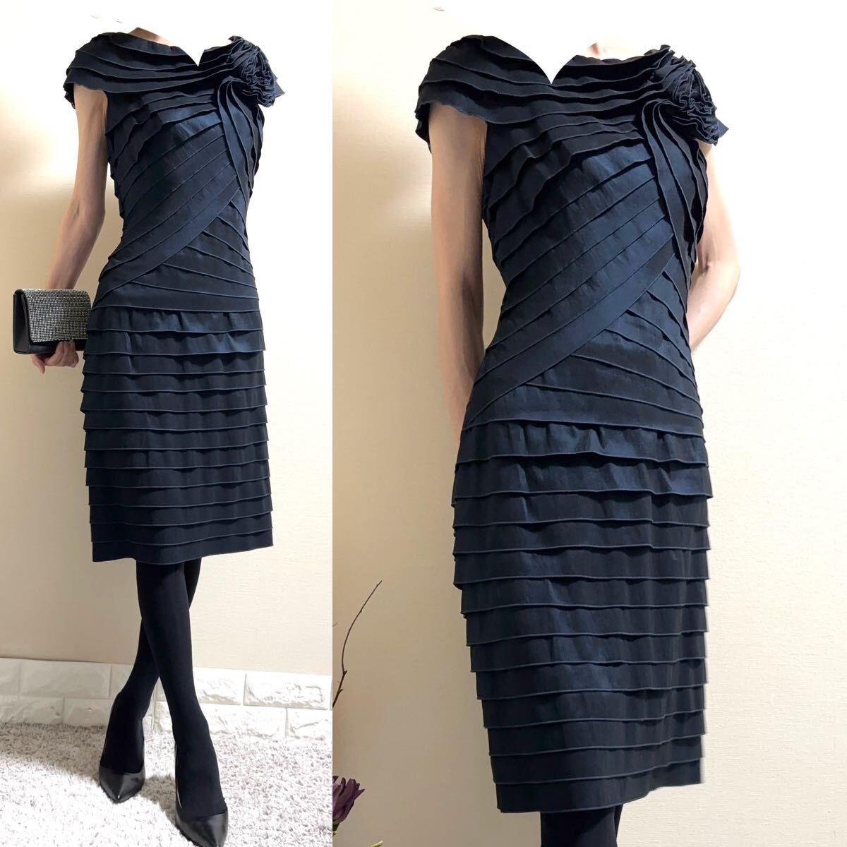 美品●タダシショージ パーティードレス ワンピース ティアード コサージュ 紫 極美品 TADASHI SHOJI TADASHISHOJI Tadashi Shoji タダシ