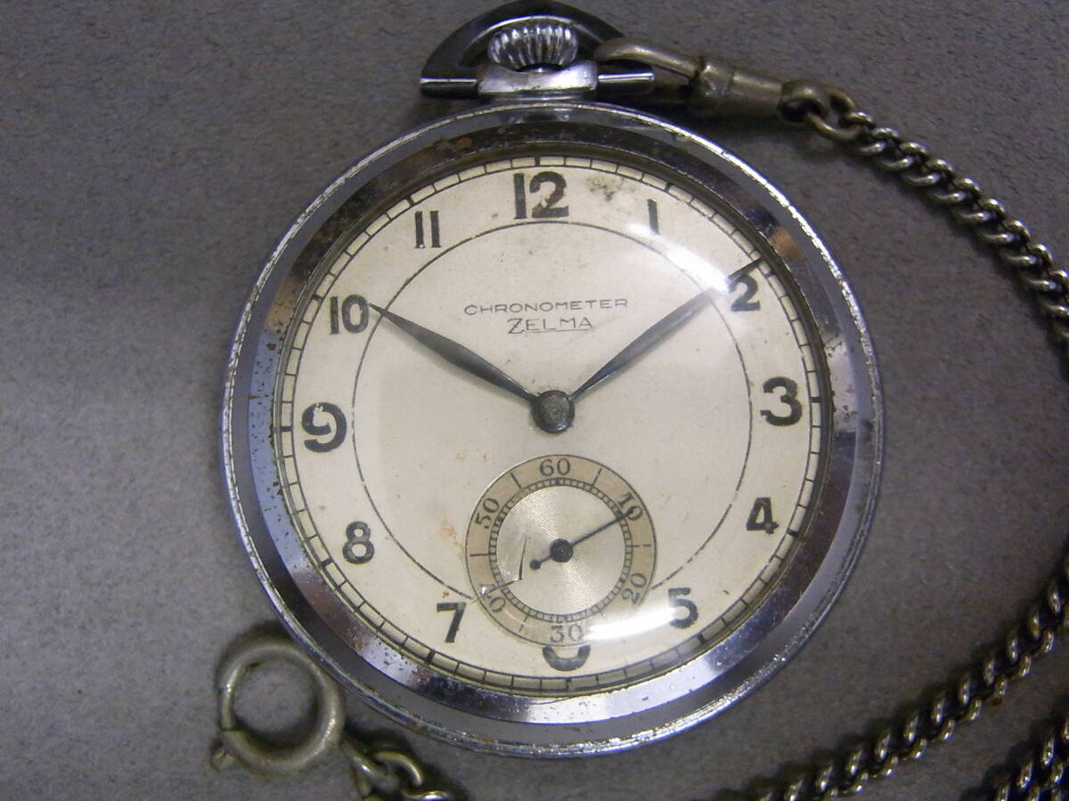 【中古品:状態「悪い」】ゼルマ/ZELMA 手巻き懐中時計『稼動中』CHRONOMETER ※一部ガラス割れ