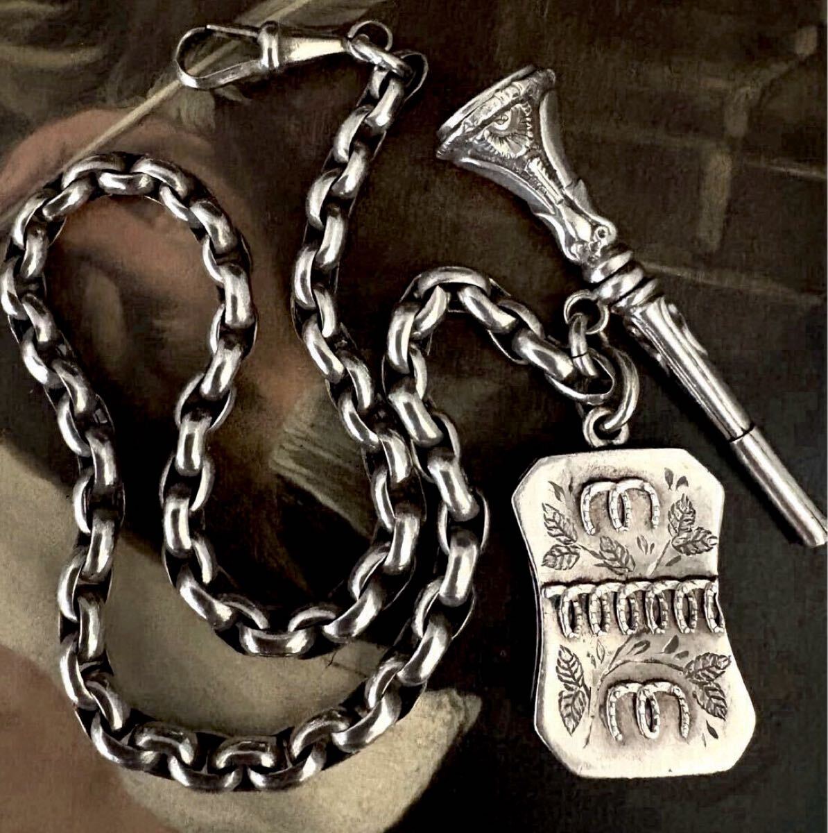 英国アンティーク トランペット型 鍵巻フォブ 馬蹄 ロケット 懐中時計/アルバート/ウオッチ/チェーン 純銀32.5g ビクトリア期1893年 HS社製_画像2