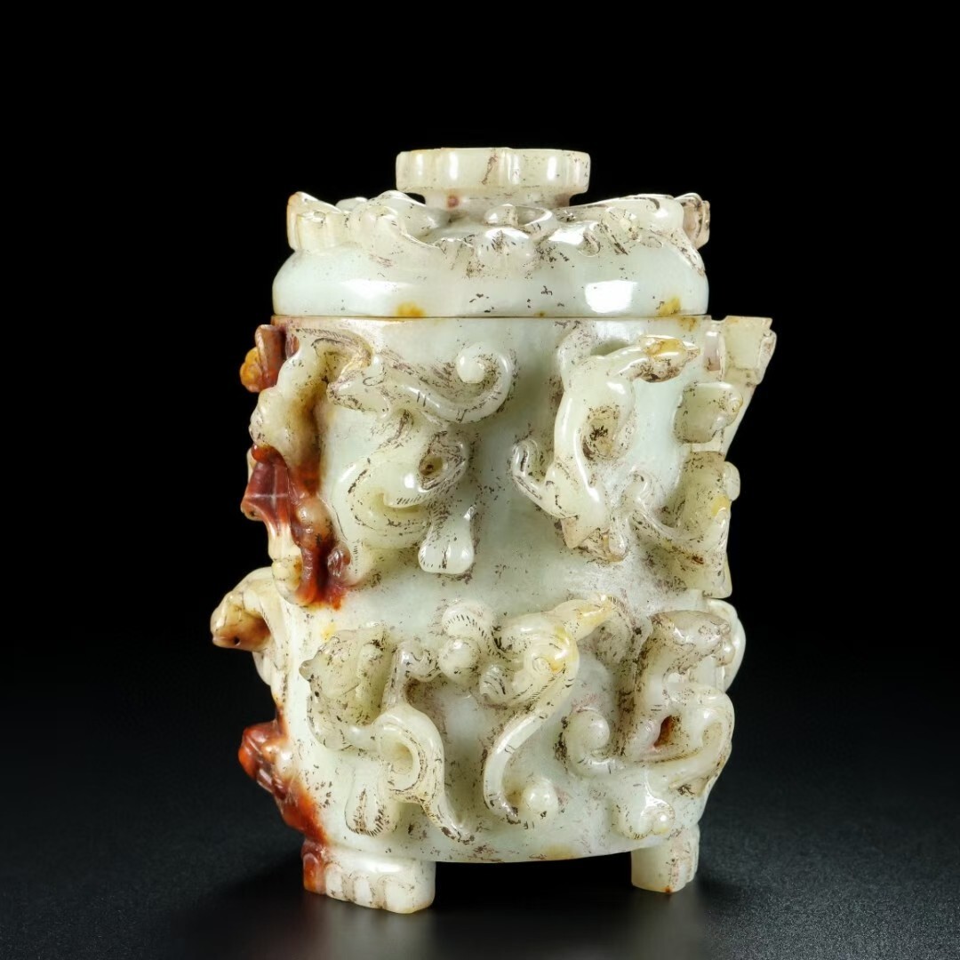 永し 漢代時期 和田玉 高古玉 龍鳳爵杯 酒杯 極細工 置物