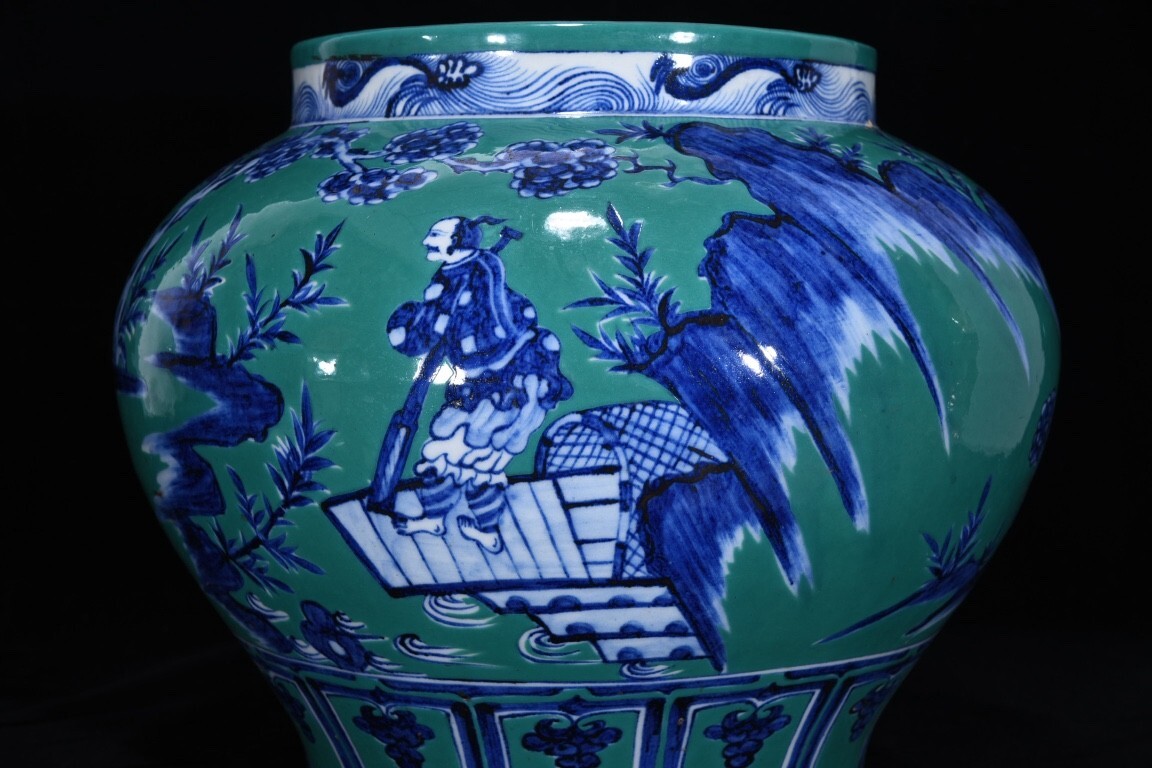永し 元時代 青花松石釉 蕭何月下追韓信図罐 古陶磁器
