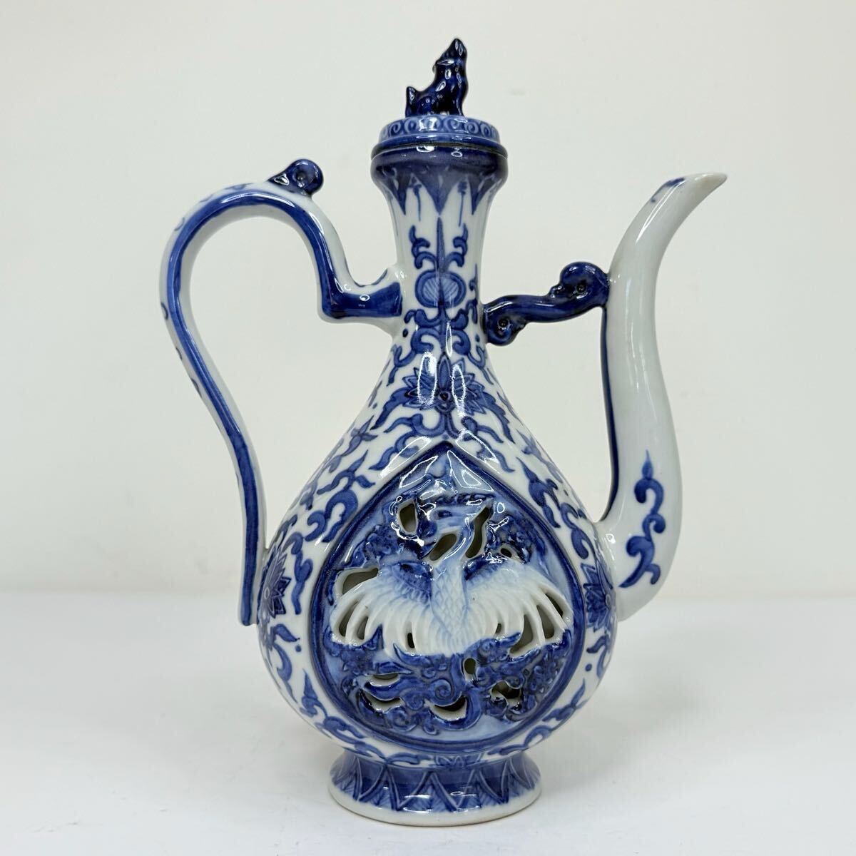 1089 水注 大清雍正年製款 龍鳳凰染付水差し 中国 古美術 時代物 骨董品 SG-中国古美術 時代物 染付 水注 酒器 徳利 古染付 龍図 鳳凰図