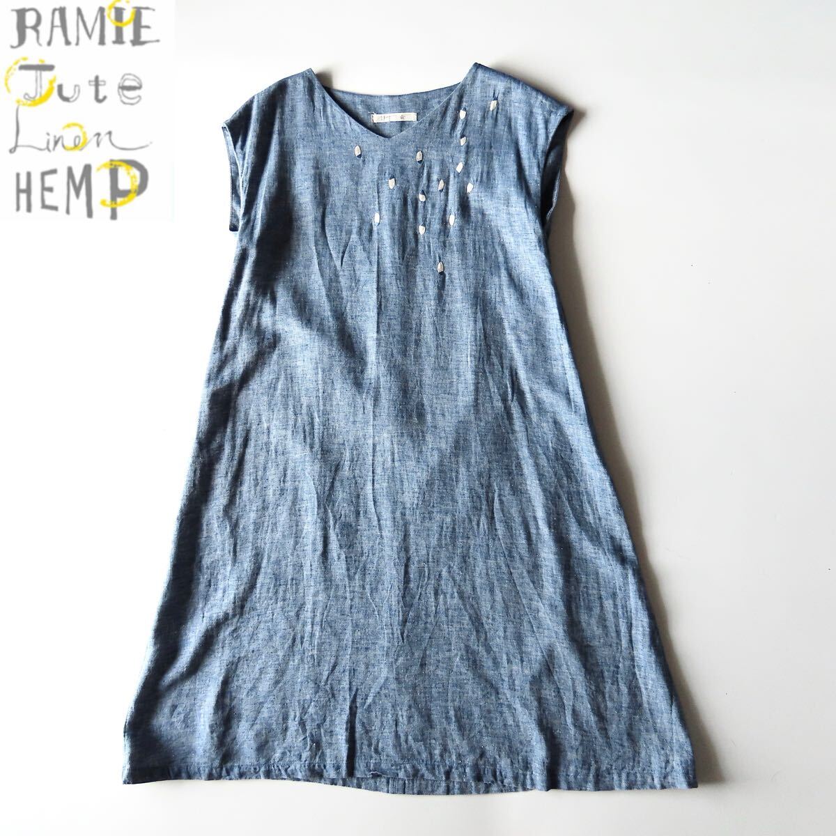 廃盤 ijep イジェップ ムラ糸コットンリネン フレンチスリーブロングワンピース 3 L 刺繍 インディゴ Aラインシルエット パラスパレス購入_画像1