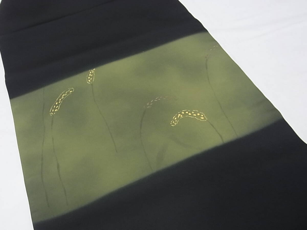 着物おきな2★塩瀬 九寸名古屋帯 狗尾草 金彩 黒色 正絹★r3922_画像2