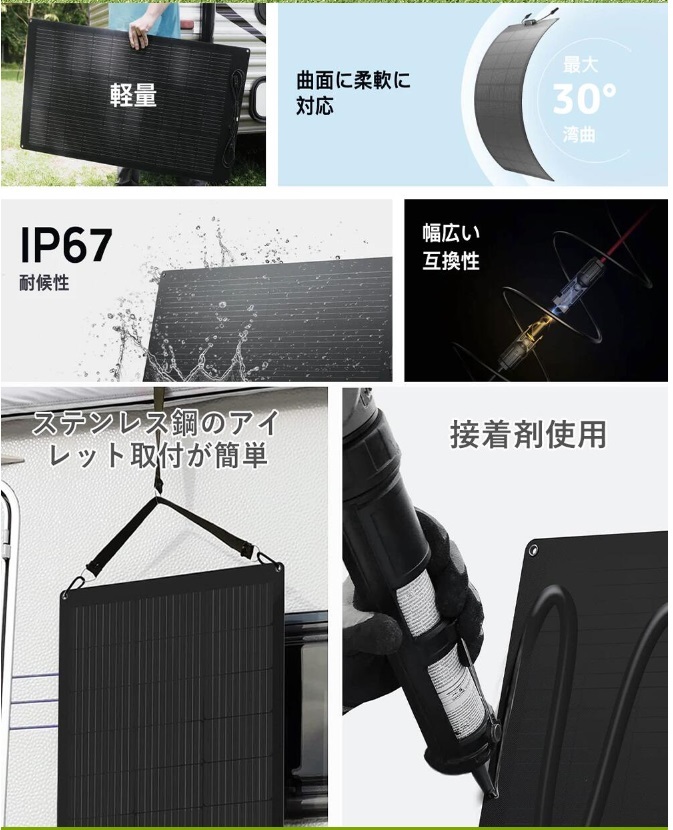 【新品】LVYUAN(リョクエン) 単結晶 ETFE 柔性 据置型 100W フレキシブルソーラーパネル 太陽光パネル 曲げ可能 30度湾曲可能 防水防塵 _画像5