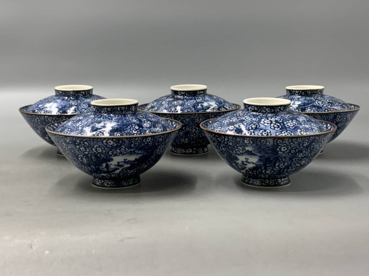 ☆ 加藤 利昌 清水焼 蓋茶碗 8#T/60001 加藤利昌 染付 梅小紋山水 蓋付き 飯茶碗 5客揃え 京