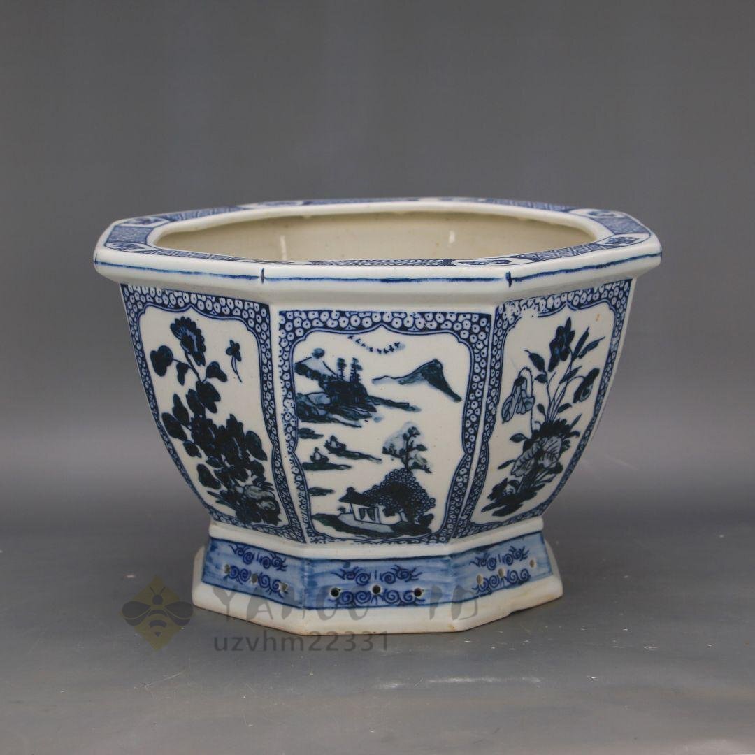 景徳鎮 陶磁器 青花磁器六方鉢 盆栽鉢 植木鉢 多肉植物鉢 小品盆栽