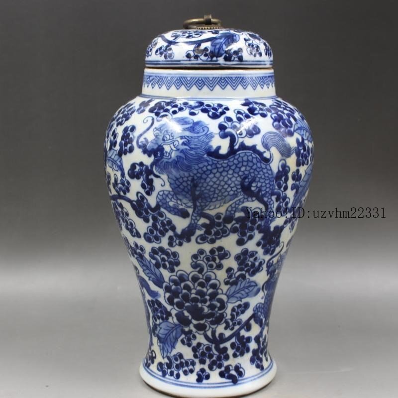 清同治青花穿花麒麟紋茶蓋缶 景徳鎮 陶磁器 装飾品 現代工芸品 美術品 置物 清同治青花穿花麒麟紋茶蓋缶 景徳鎮 陶磁器 装飾品