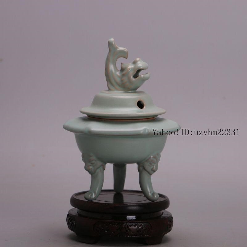 中国 汝窯 三足蓋香炉 竜魚 天青釉 工芸品 美術品