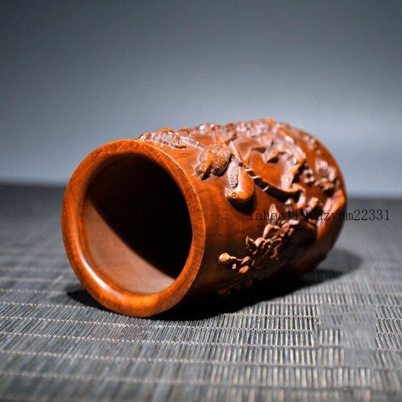 黄楊木 浮彫花鳥 筆筒 筆箱 文房具 置物 黄楊木 浮彫花鳥 筆筒 筆箱 文房具 置物