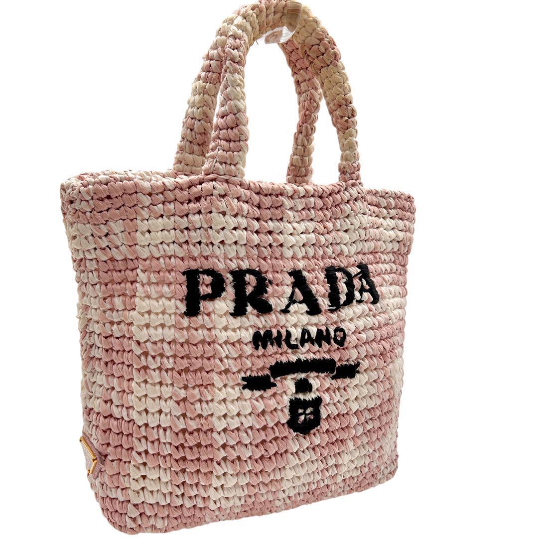 【美品】Prada クロシェ 三角ロゴ トートバッグ ラフィア 最高峰】プラダ PRADA クロシェ ラフィア スモール ハンドバッグ