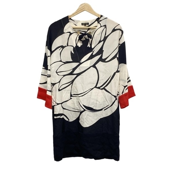 エスカーダ ESCADA サイズ32 S - 白×黒×レッド レディース 七分袖/ひざ丈/シルク/花柄 ワンピース_画像1