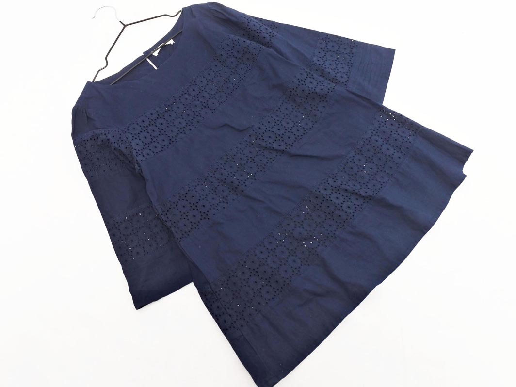 MELROSE メルローズ カットワーク ボーダー ブラウス シャツ 紺 ■◇ ☆ fha8 レディース_画像1