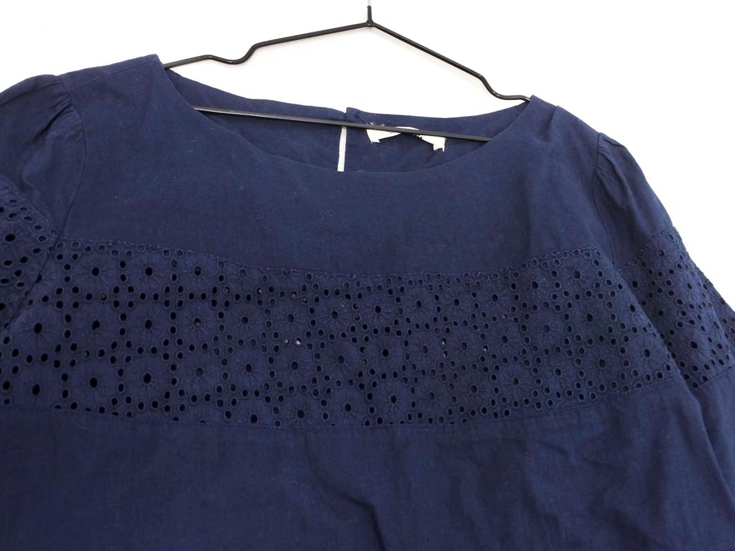 MELROSE メルローズ カットワーク ボーダー ブラウス シャツ 紺 ■◇ ☆ fha8 レディース_画像4