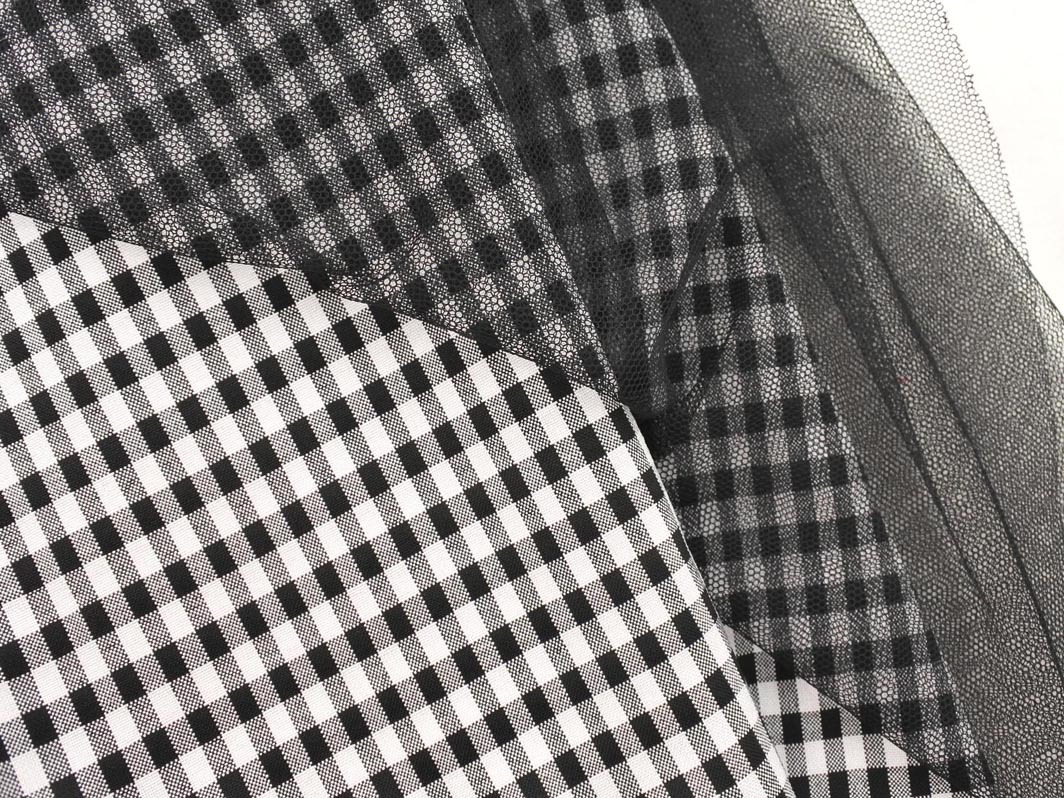 SHIPS シップス ギンガムチェック チュール ロング スカート 白x黒 ■◇ ☆ fhb9 レディース_画像7