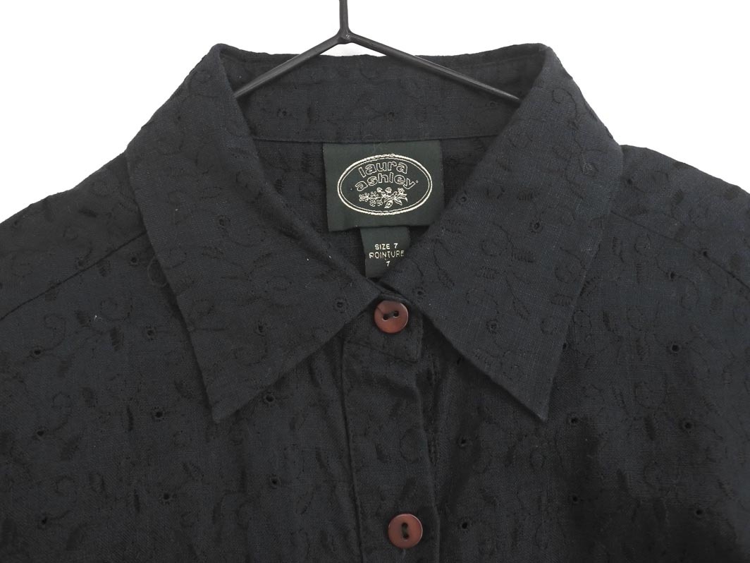 LAURA ASHLEY ローラ アシュレイ リネン100% ウエストリボン 刺繍 シャツ ワンピース size7/黒 ◇■ ☆ fhc5 レディース_画像6