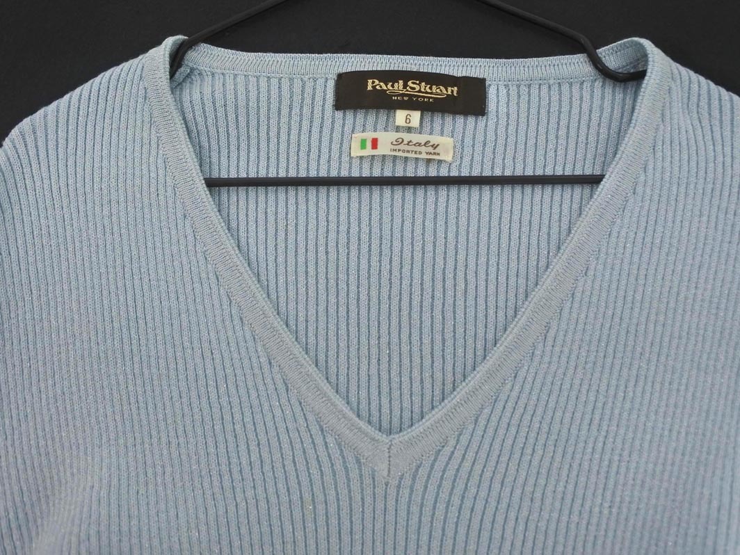 PAUL STUART paul (pole) Stuart шерсть .V шея ламе вязаный свитер size6/ бледно-голубой *# * fhc8 женский