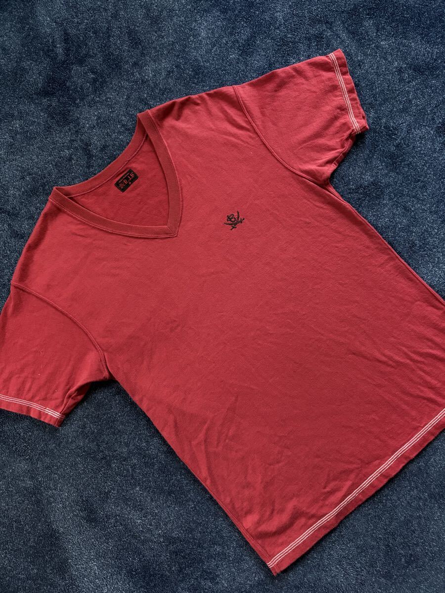  очень красивый товар как новый сделано в Японии THE FLAT HEAD Flat Head R.J.B Logo вышивка высокое качество материалы V шея рубашка с коротким рукавом size48(L) темно-красный серия MADE in JAPAN