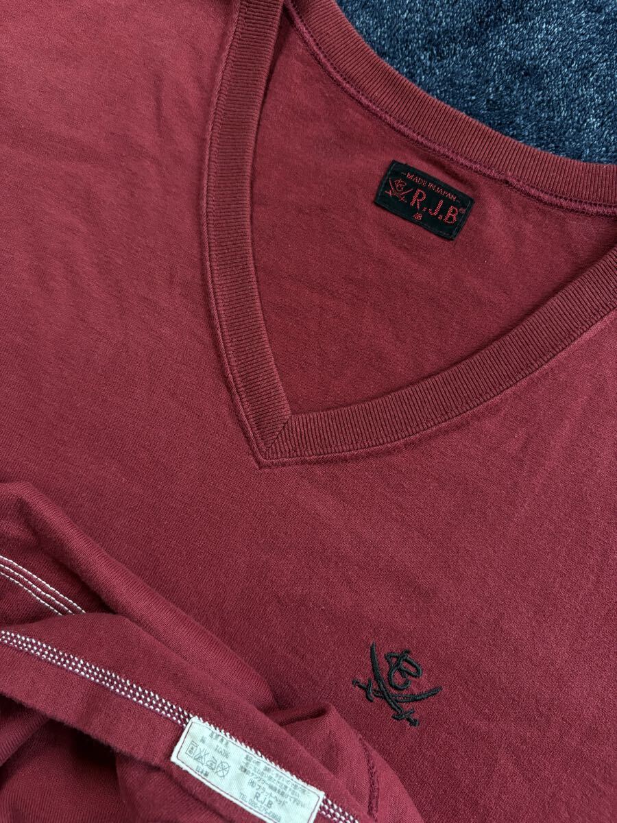  очень красивый товар как новый сделано в Японии THE FLAT HEAD Flat Head R.J.B Logo вышивка высокое качество материалы V шея рубашка с коротким рукавом size48(L) темно-красный серия MADE in JAPAN