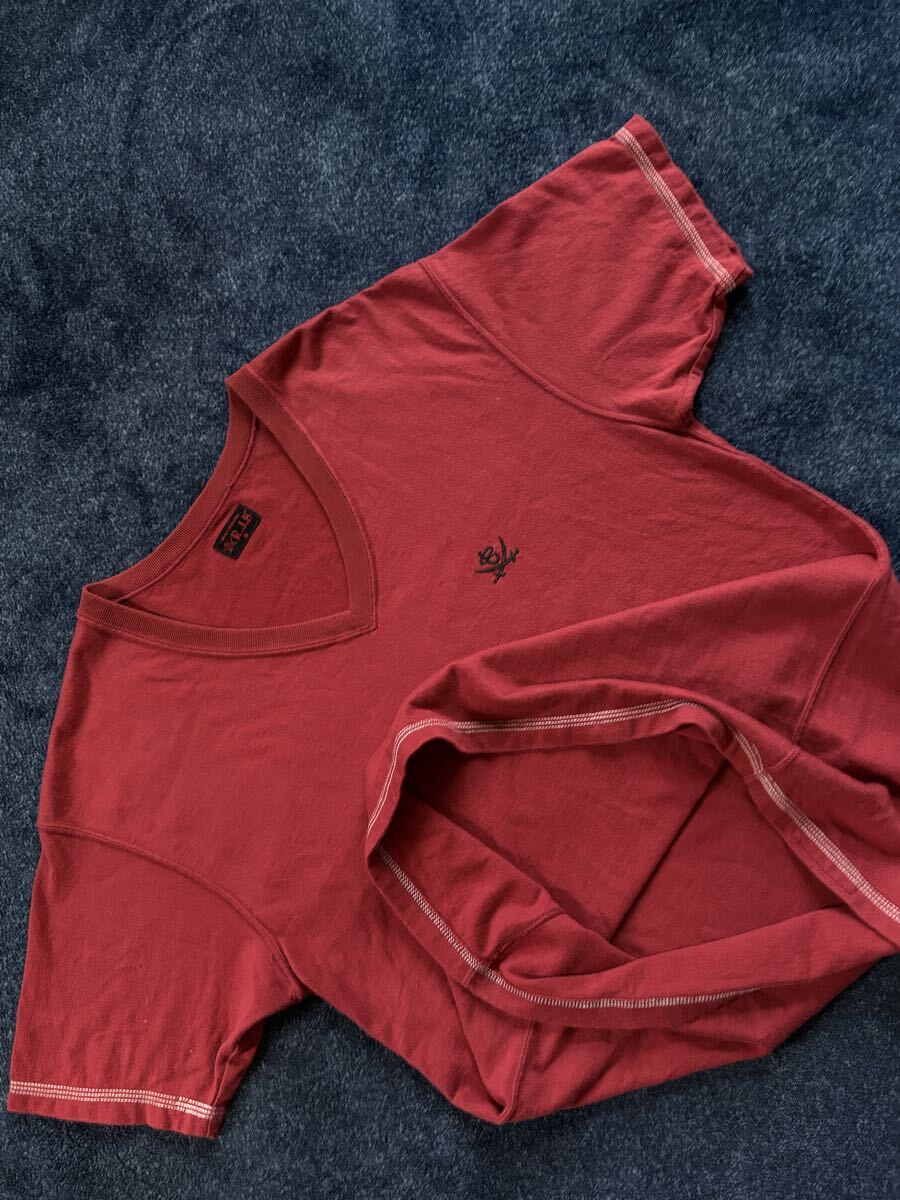  очень красивый товар как новый сделано в Японии THE FLAT HEAD Flat Head R.J.B Logo вышивка высокое качество материалы V шея рубашка с коротким рукавом size48(L) темно-красный серия MADE in JAPAN