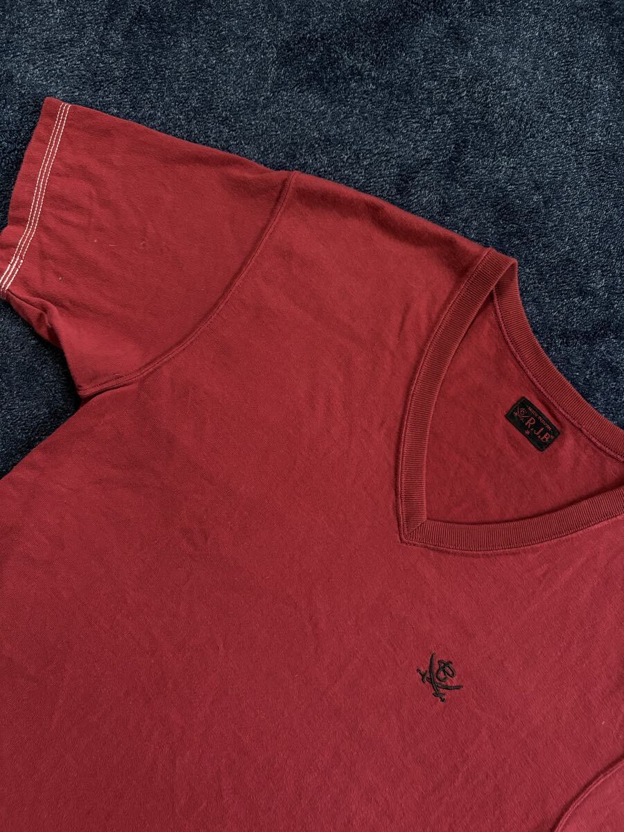  очень красивый товар как новый сделано в Японии THE FLAT HEAD Flat Head R.J.B Logo вышивка высокое качество материалы V шея рубашка с коротким рукавом size48(L) темно-красный серия MADE in JAPAN