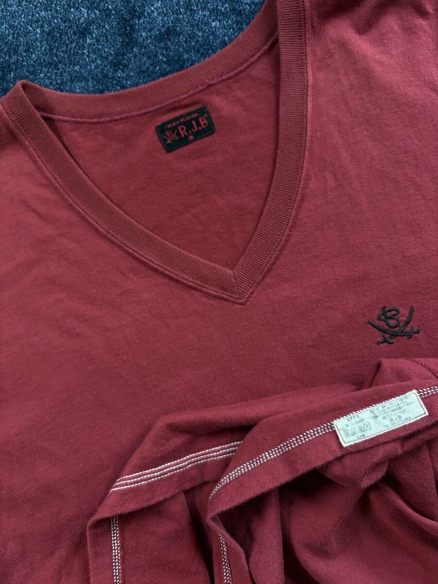 очень красивый товар как новый сделано в Японии THE FLAT HEAD Flat Head R.J.B Logo вышивка высокое качество материалы V шея рубашка с коротким рукавом size48(L) темно-красный серия MADE in JAPAN