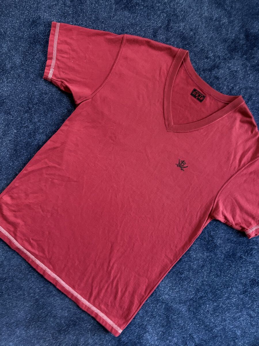  очень красивый товар как новый сделано в Японии THE FLAT HEAD Flat Head R.J.B Logo вышивка высокое качество материалы V шея рубашка с коротким рукавом size48(L) темно-красный серия MADE in JAPAN