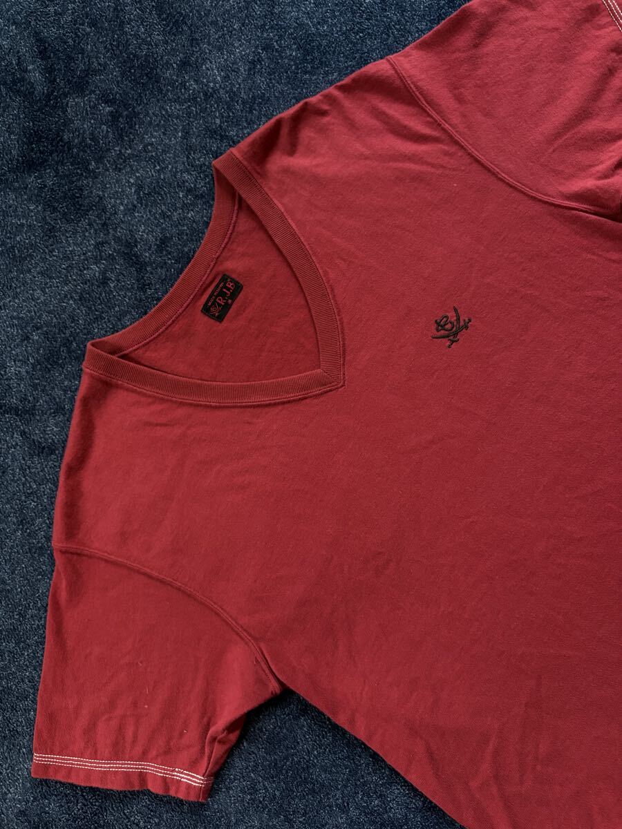  очень красивый товар как новый сделано в Японии THE FLAT HEAD Flat Head R.J.B Logo вышивка высокое качество материалы V шея рубашка с коротким рукавом size48(L) темно-красный серия MADE in JAPAN