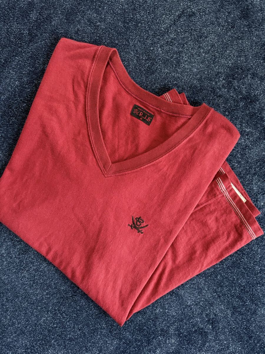  очень красивый товар как новый сделано в Японии THE FLAT HEAD Flat Head R.J.B Logo вышивка высокое качество материалы V шея рубашка с коротким рукавом size48(L) темно-красный серия MADE in JAPAN