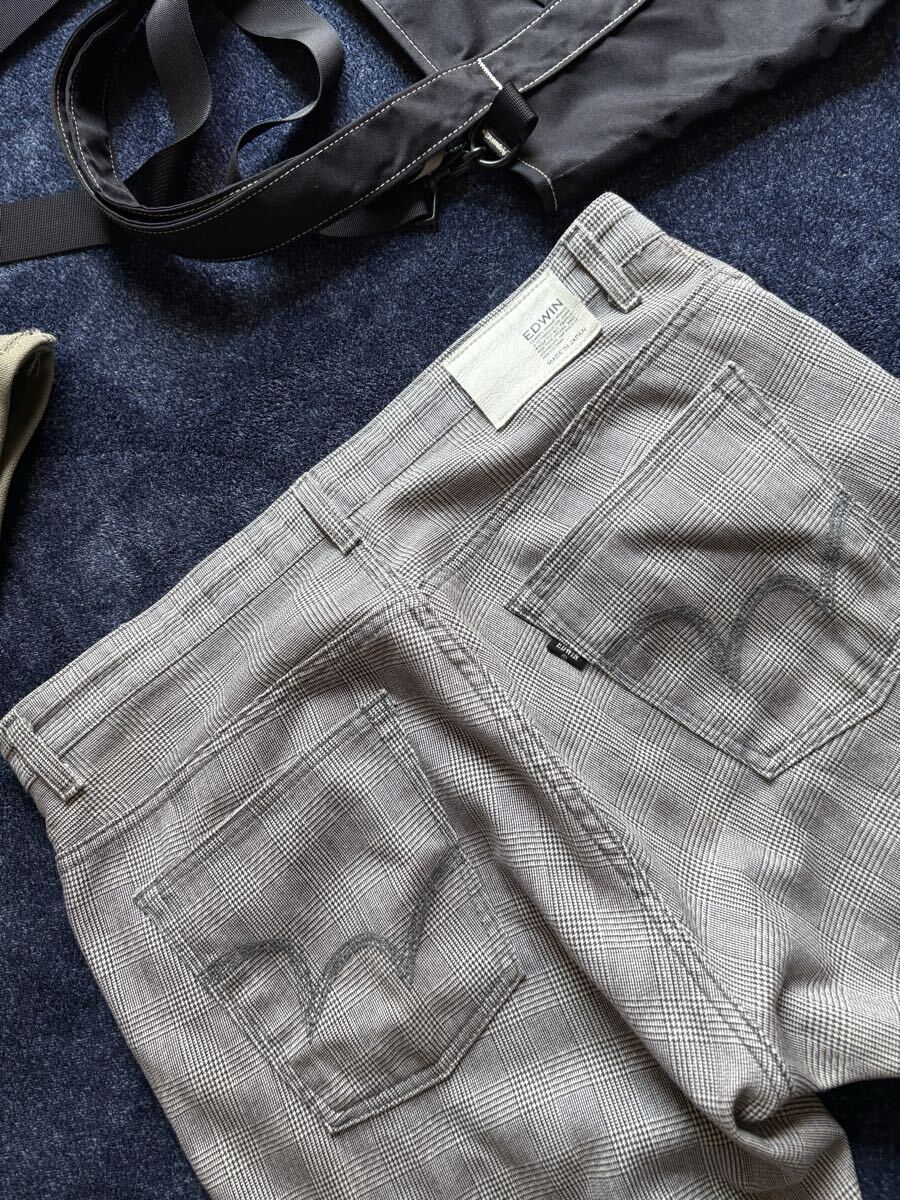 美品 日本製 人気パンツ EDWIN エドウイン 高品質 ストレッチ素材 グレンチェック トラウザーズ パンツ sizeＷ36 胴囲94cm FC543M_画像8