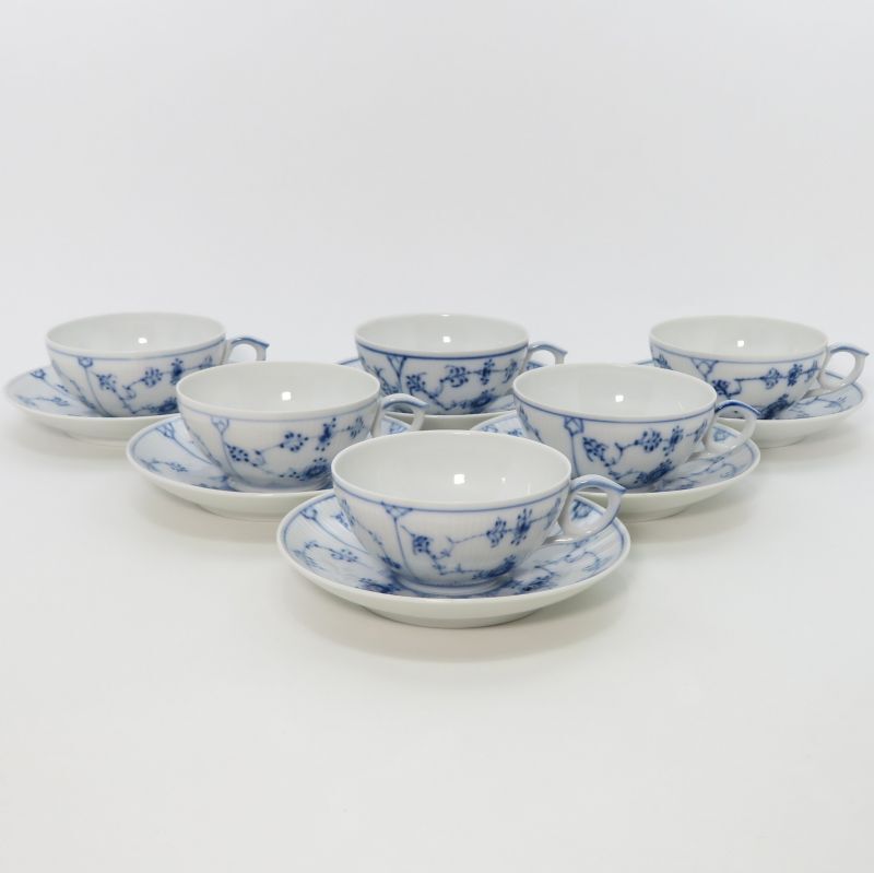 ロイヤルコペンハーゲン カップ&ソーサー■ブルーフルーテッド プレインレース Royal Copenhagen ティーC&S 6客セット 洋食器_画像1