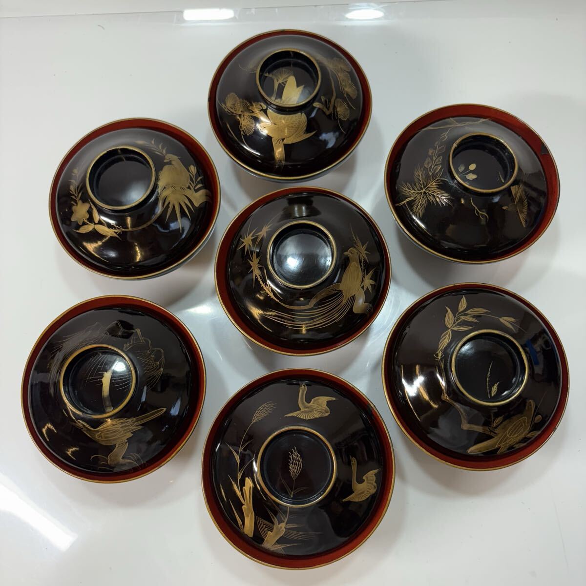 木製 吸物椀 蓋付椀 汁椀 金蒔絵 鳥 絵変 漆器 7客 セット 懐石道具 時代物 骨董 アンティーク レトロ インテリア_画像2
