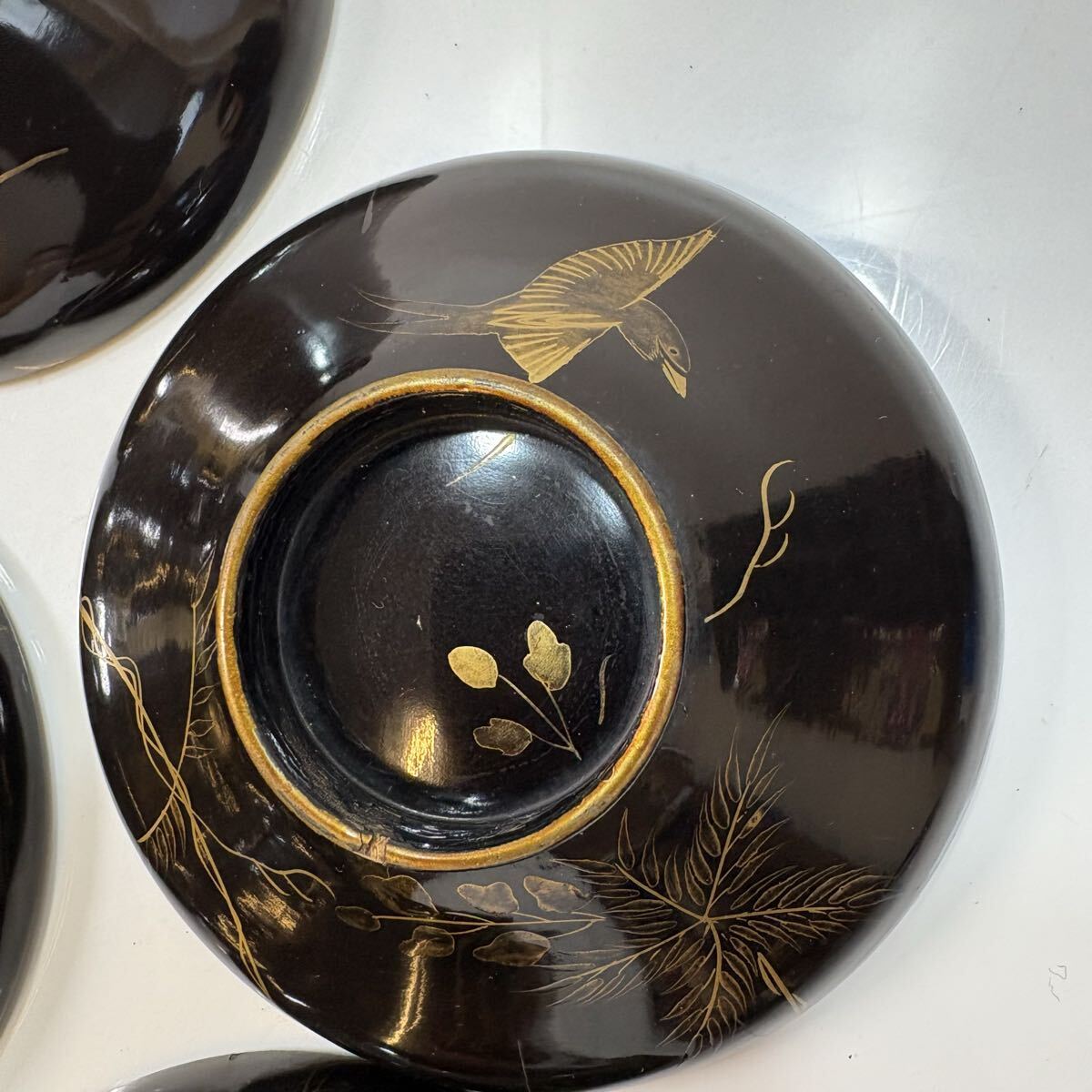 木製 吸物椀 蓋付椀 汁椀 金蒔絵 鳥 絵変 漆器 7客 セット 懐石道具 時代物 骨董 アンティーク レトロ インテリア_画像8