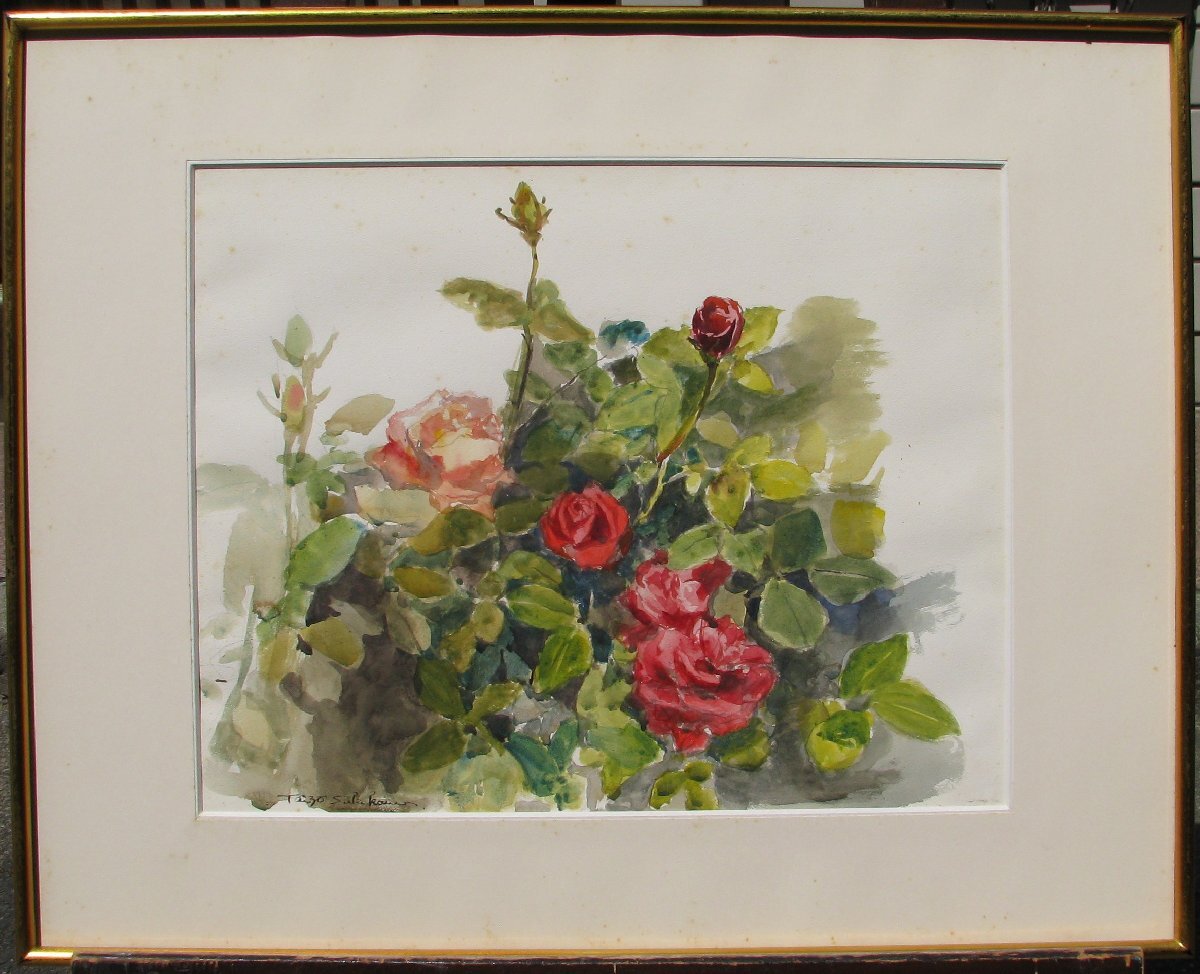☆おかたづけ☆詩人-黒田維理が愛した早逝の天才画家,鮭川泰三「バラ」水彩,約8号,超掘出物,成行_画像1