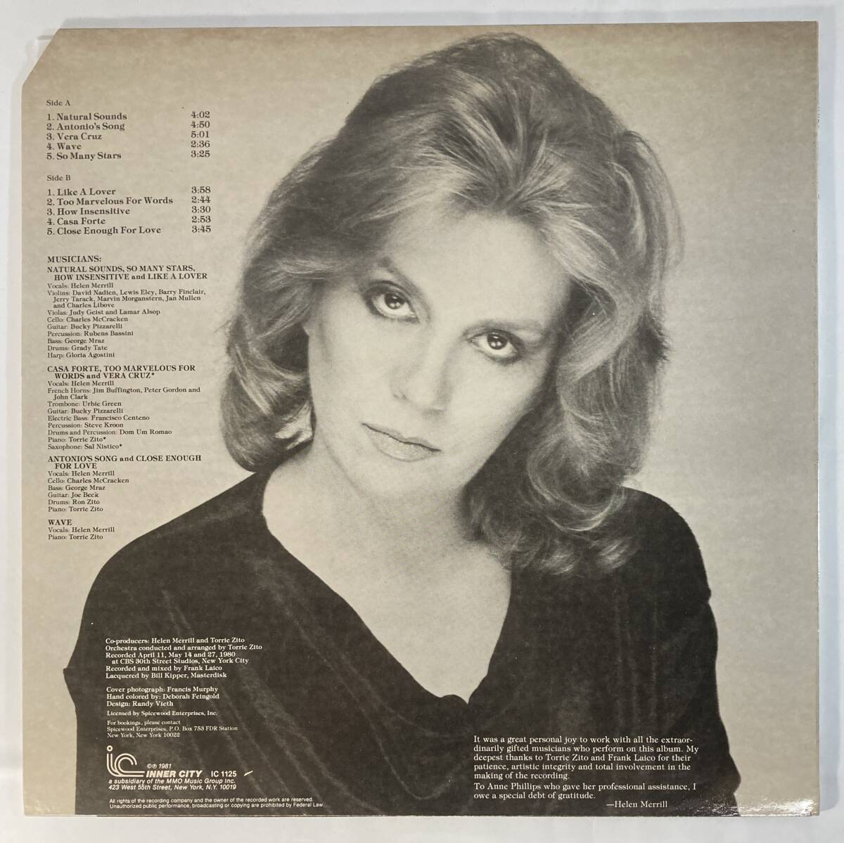 ヘレン・メリル (Helen Merrill) / Casa Forte 米盤LP Inner City Records IC 1125 STEREO Cutout_画像2