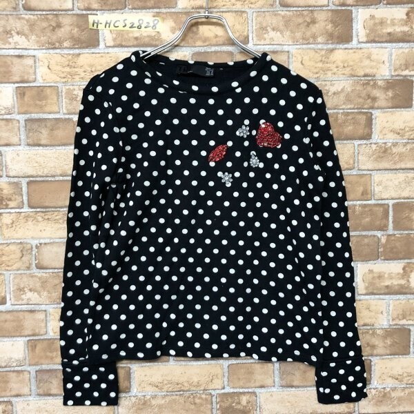 TRF by Zara ザラティーアールエフ レディース ビジュービーズ付き ドット総柄 長袖 スウェット カットソー S 黒 × ホワイト_画像1