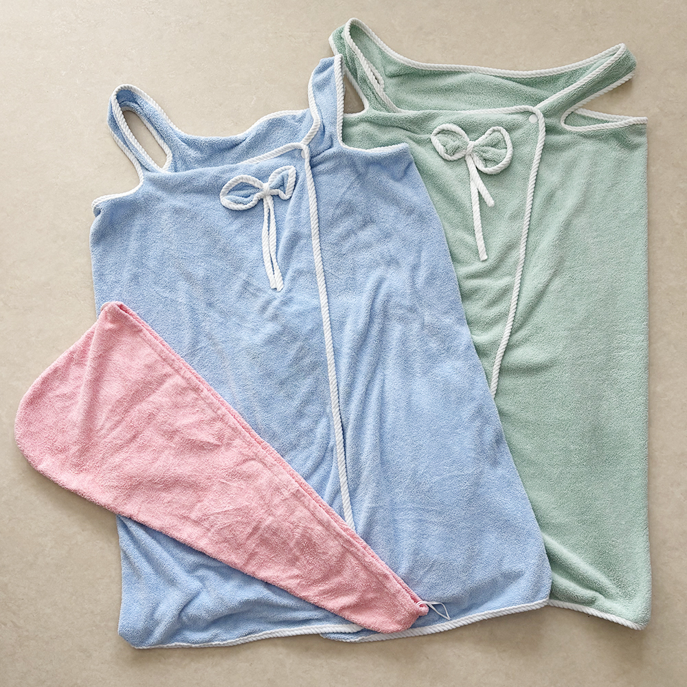 マイクロファイバー 着るバスタオル バスローブ ヘアドライタオル セット ブルー グリーン ピンク お風呂 プール ジム 温泉 水泳 _画像1