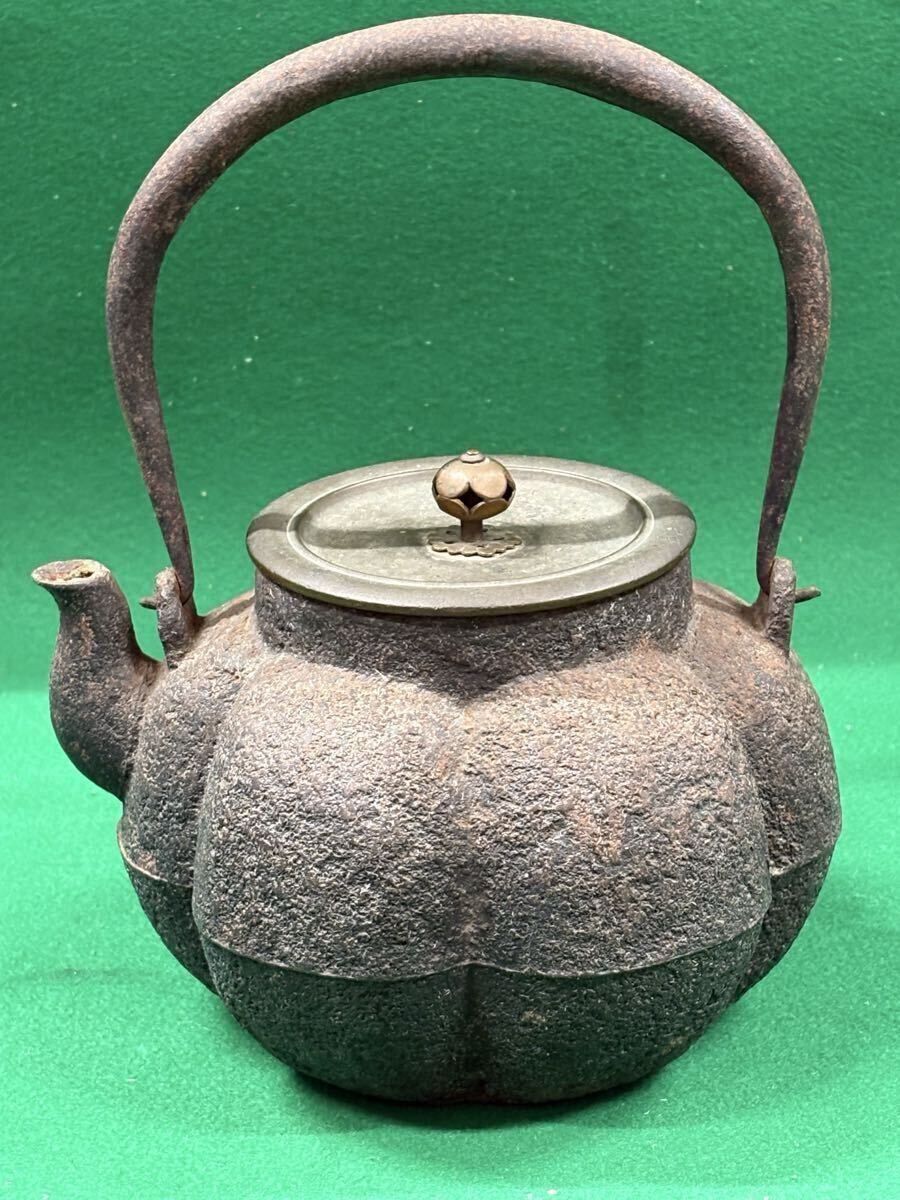 龍文堂造【鉄瓶　17cm/1504g】時代物　錆あり　検） 煎茶道具 茶道具 銅蓋 急須 鉄器 アンティーク 骨董 パンプキン カボチャ 古い 龍文堂